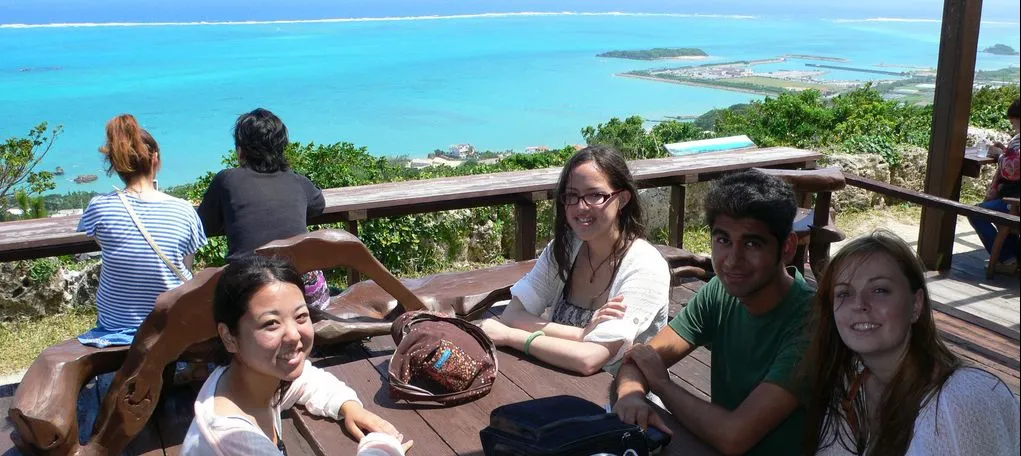 Studnets enjoying a meal at a restaurant with a view!